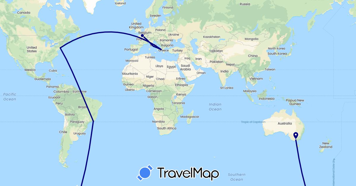 TravelMap itinerary: driving in Australia, Brazil, France, Greece, Italy, United States (Europe, North America, Oceania, South America)